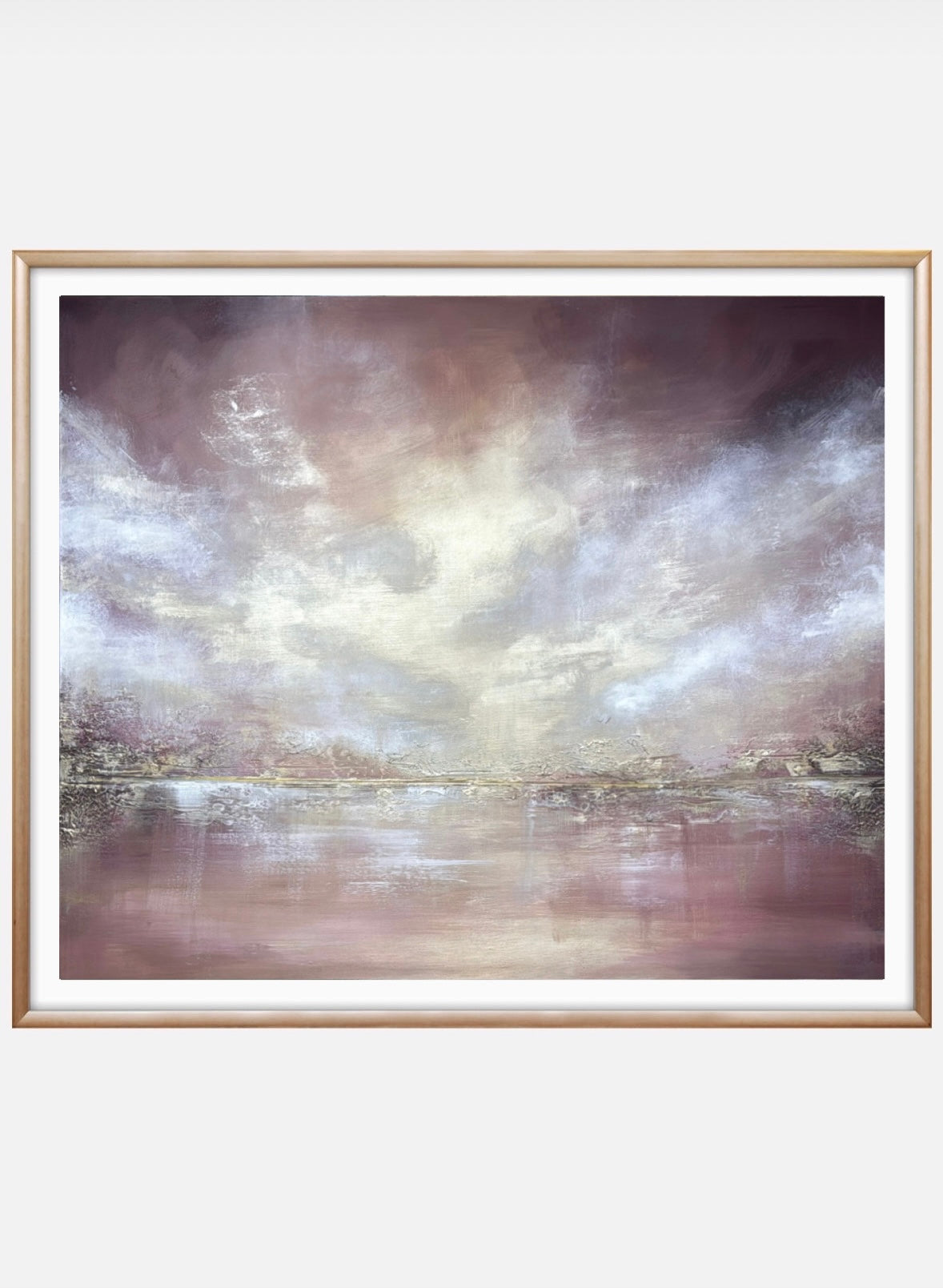 Framed abstract painting with soft, diffused colors on a white background