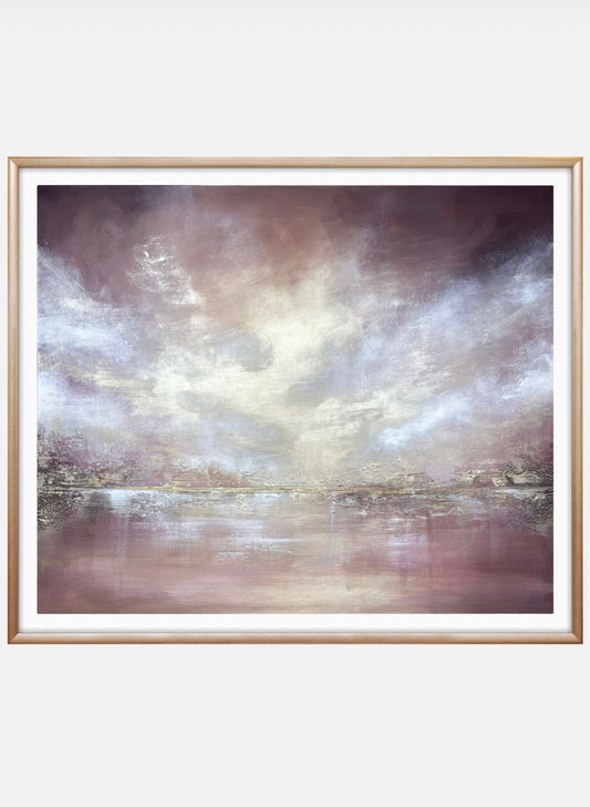 Framed abstract painting with soft, diffused colors on a white background
